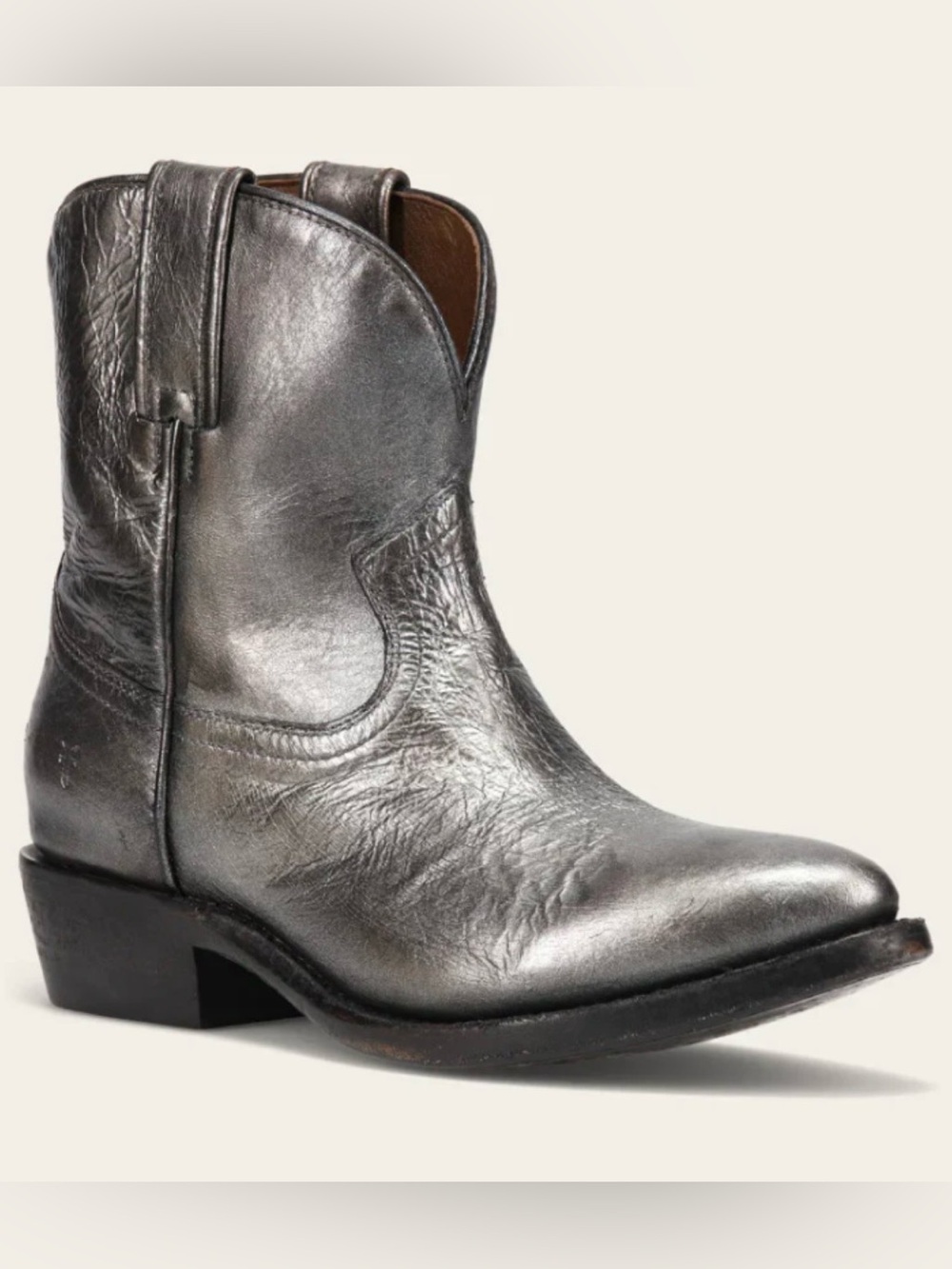 Frye Metallic Silver Leather Western Ankle Boots